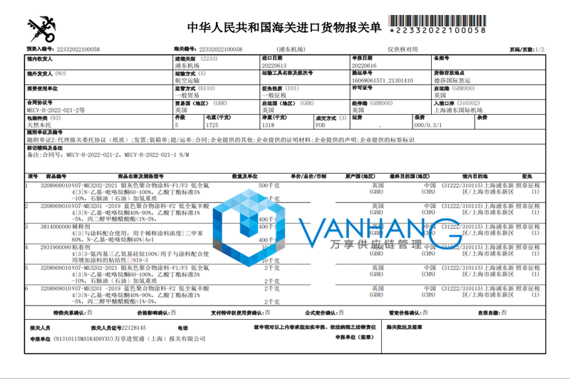 英國空運稀釋劑進(jìn)口報關(guān)資料